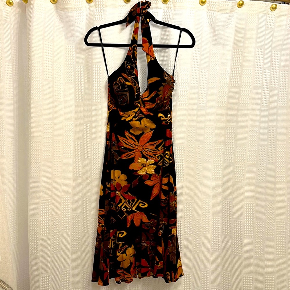 Size 6 summer halter dress. Black, orange and tan